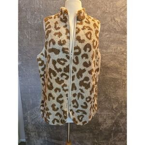 Leopard Print Fleece Vest Women's Size‎ L Zip Up Cozy Warm Outerwear